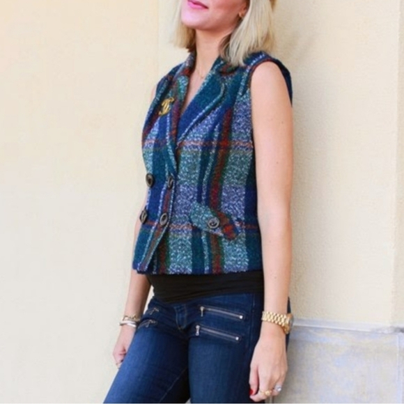 CAbi Jackets & Blazers - Cabi Grey Navy Preppy Wool Blend Feminine Sophisticated Tweed Blazer Vest Size M